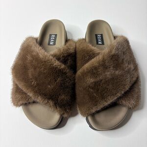ROAM Cloud Faux Fur Slippers Brown Platforms Womens Size 10